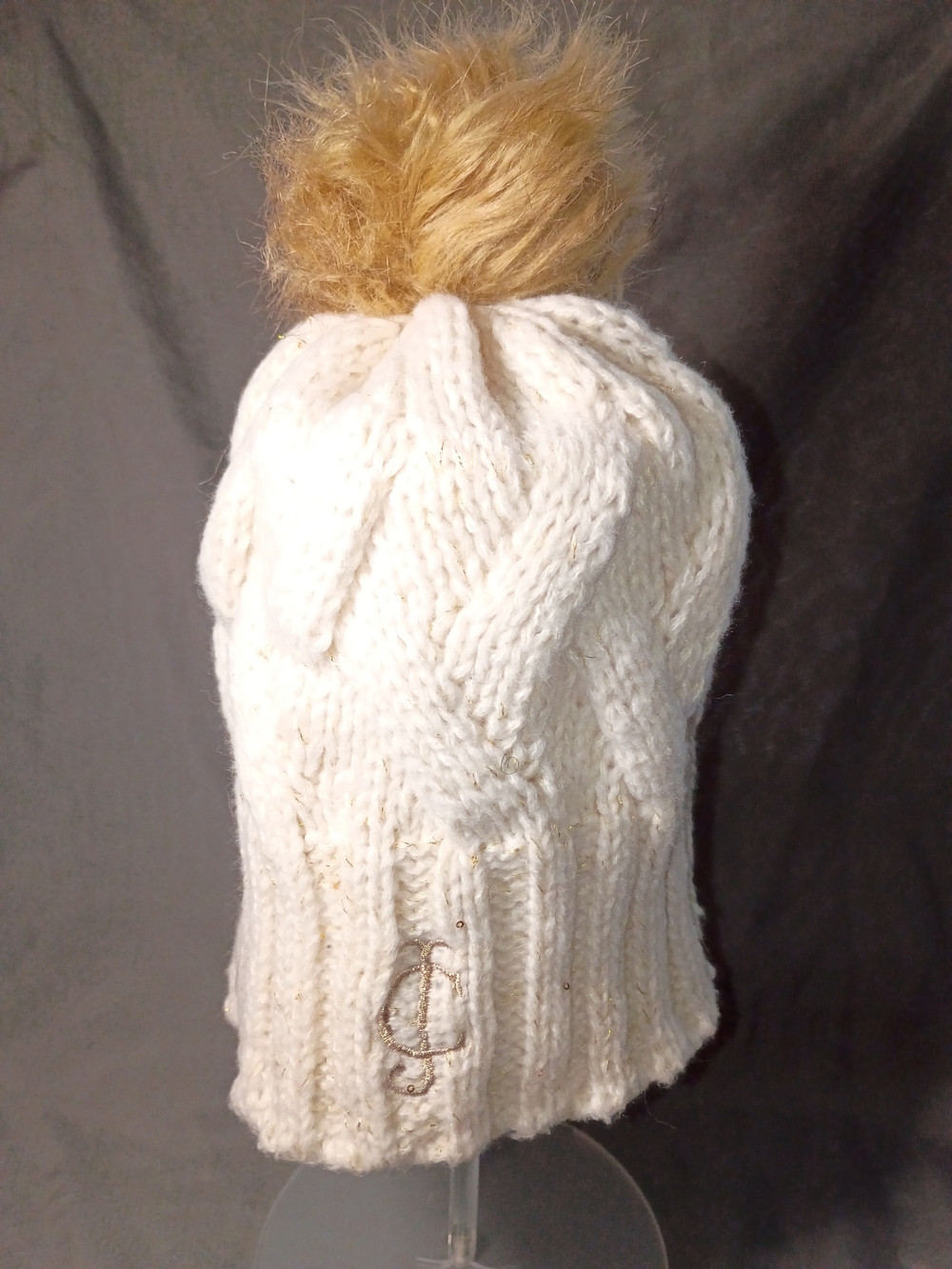 Juicy Couture Cream Cable Knit Beanie with Tan Faux Fur Pom
